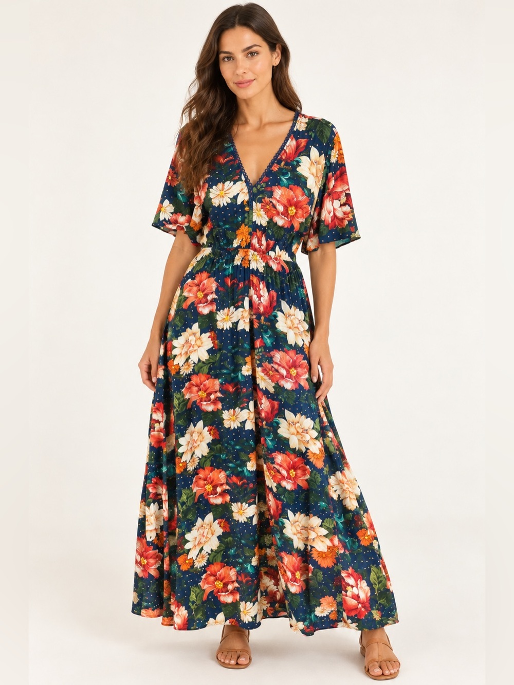 Farm Rio for Anthropologie Navy Floral Maxi Dress